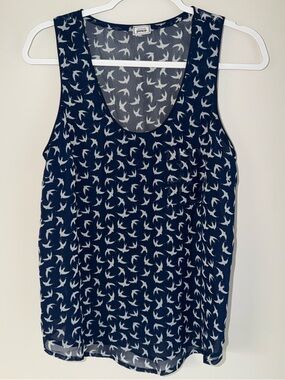 Pimkie Collection Navy Blue Sparrow Bird Print Mesh Top Lined Front Size Large